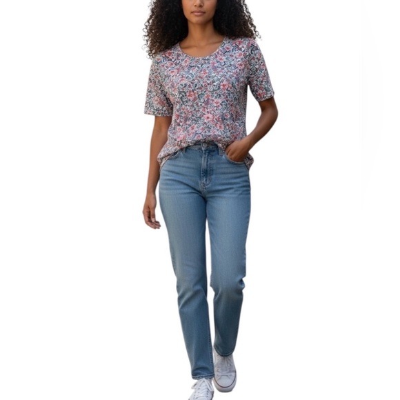 J. Jill Floral V-Neck Slub Pima Cotton Elbow Sleeve Tee 100% Pima Cotton S - Picture 8 of 8